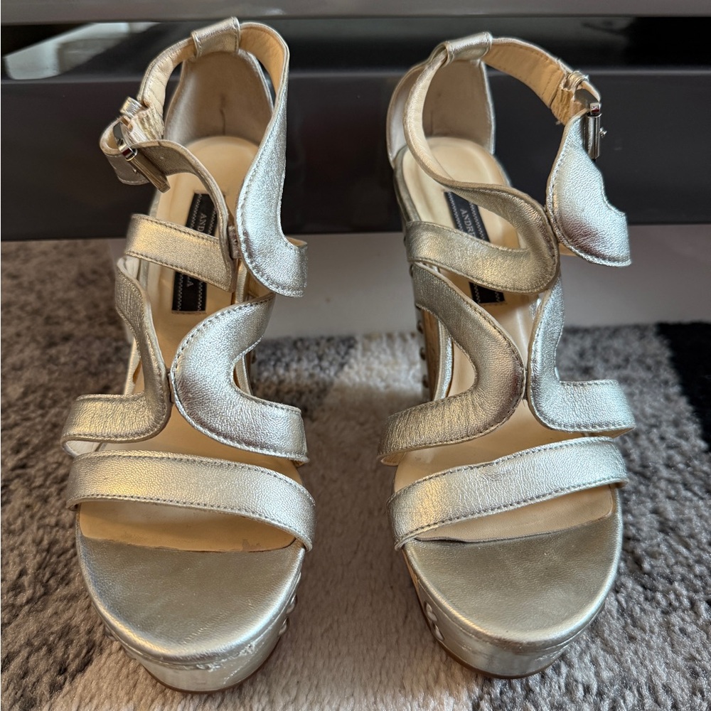 Andrew Kayla Silver Studded Cork Wedges